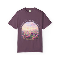 Load image into Gallery viewer, Grace Meets the Dawn Faith T-Shirt — Living Lasting Light Scenic Floral Sunrise Comfort Colors® Graphic Tee