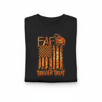 Load image into Gallery viewer, Halloween Flag T-Shirt — "Trigger Treat" Pumpkin Graphic Tee