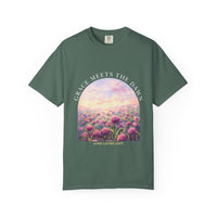 Load image into Gallery viewer, Grace Meets the Dawn Faith T-Shirt — Living Lasting Light Scenic Floral Sunrise Comfort Colors® Graphic Tee